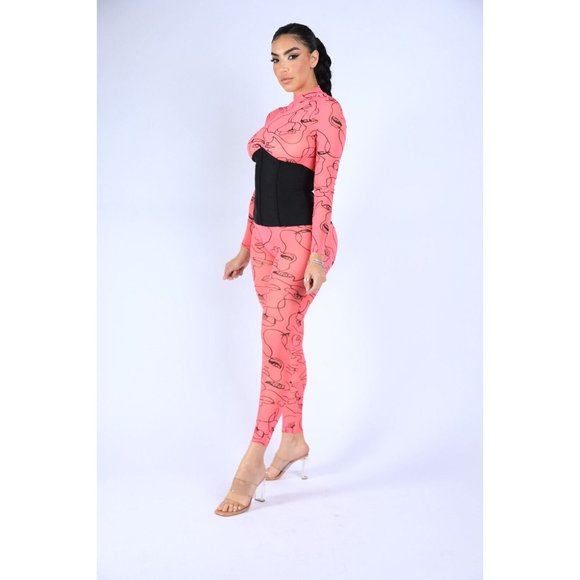 Face Contour Drawing Mesh Skinny Jumpsuit Long Sleeve Neon Pink Mock Neck - Picture 4 of 7